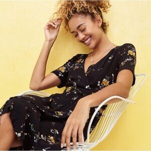 Fat Face Willa Windswept Posy Black Floral V Neck Wrap Boho Midi Tea Dress US 6